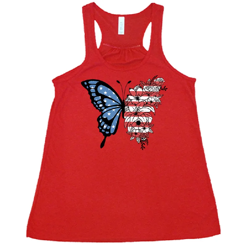 Women's shirt and tank with floral yoke -American Flag Butterfly Shirt