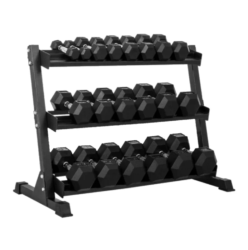 ISF Rubber Hex Dumbbell Sets with Heavy-Duty 3-Tier Rack - 5-50, 5-70, 5-100 lbs