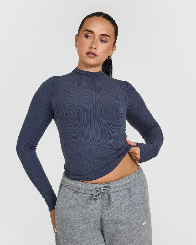 Sportswear tops for adult sports-Mellow Rib Mock Neck Long Sleeve Top | True Blue