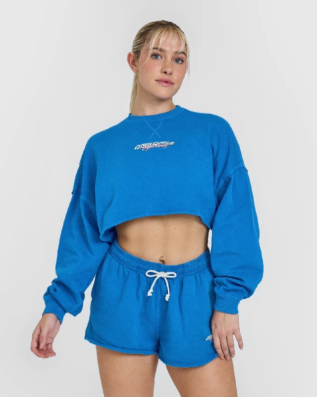 Sportswear tops for no iron-Raw Lounge Crop Sweatshirt with Graphic | Retro Blue