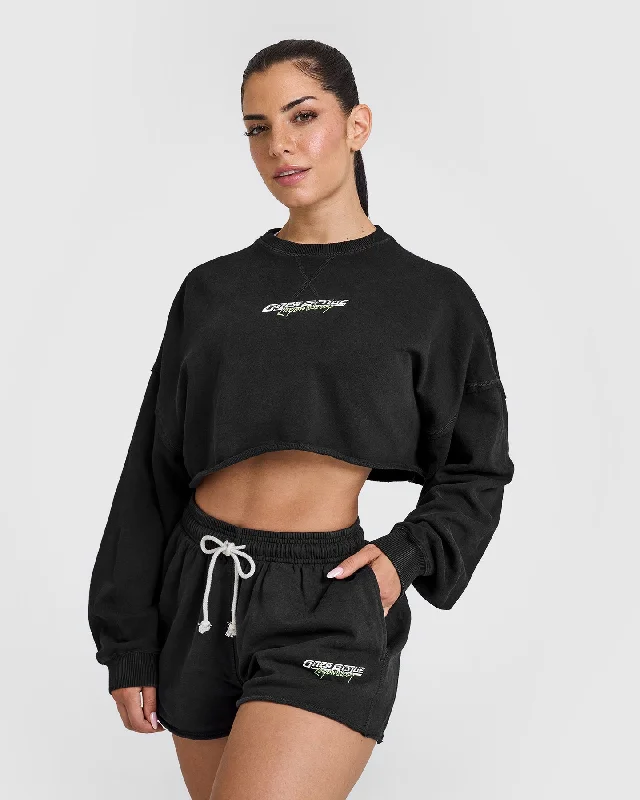 Sportswear tops for short term-Raw Lounge Crop Sweatshirt with Graphic | Washed Black