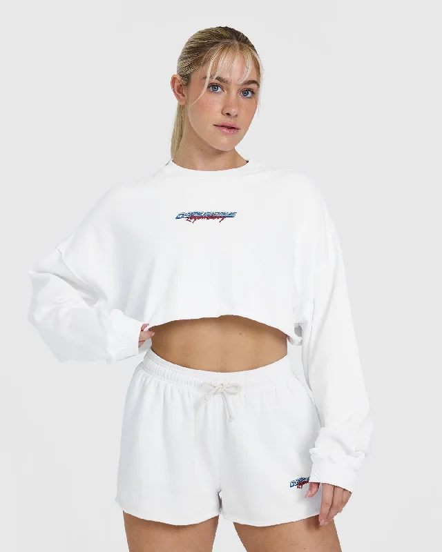 Sportswear tops for daily use-Raw Lounge Crop Sweatshirt with Graphic | White