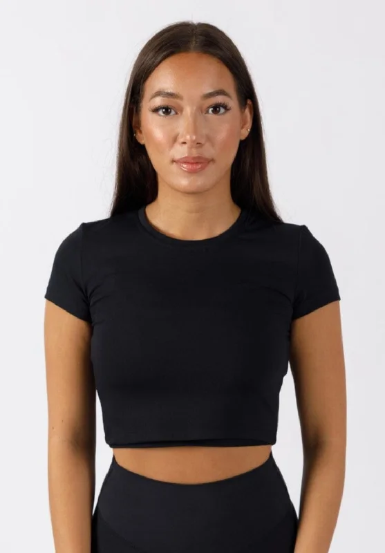 Women's shirt and tank for casual meetups -RecStretch Short Sleeve Crop Black