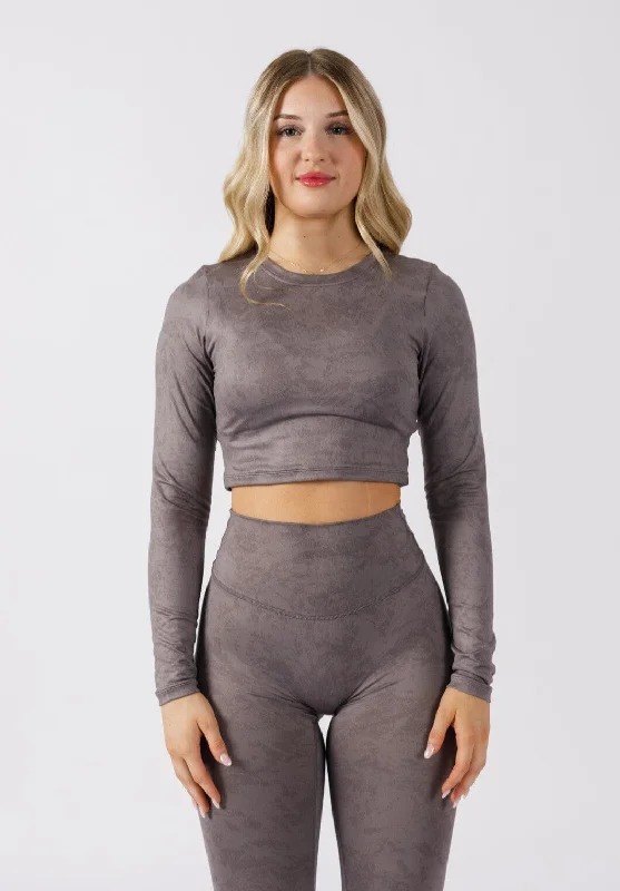 Women's shirt and tank with heart pattern -Reluna™ Long Sleeve Crop Gunmetal