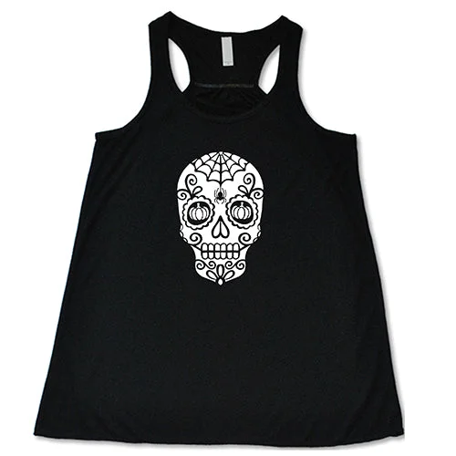 Women's shirt and tank with cloud accent -Skull With Pumpkin Eyes Shirt