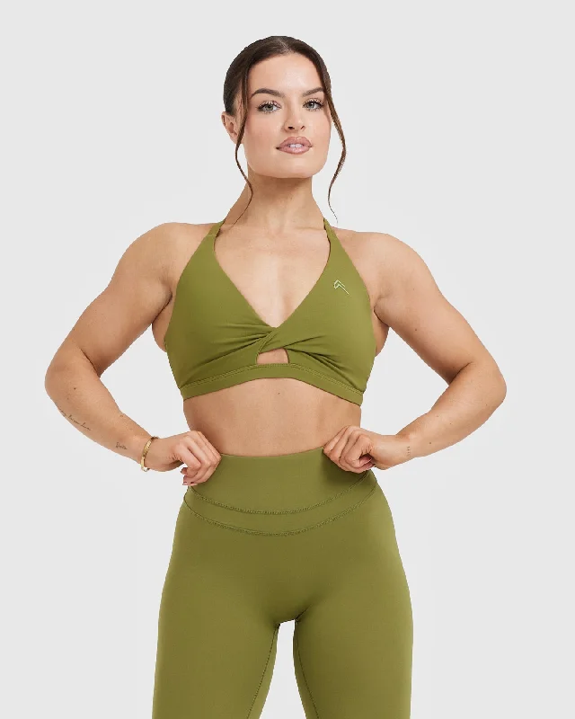 Sportswear tops for relaxed fit-Unified Twist Sports Bra | Olive Green